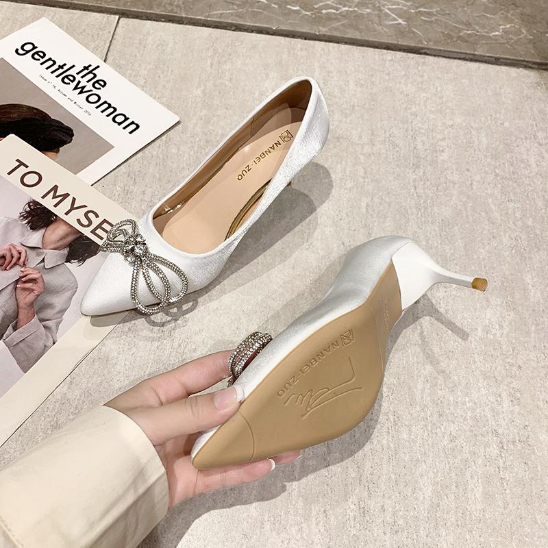 Autumn 10cm/7cm Stiletto High Heel Women Pumps Thin Heel Luxury Crystals Bowknots White Wedding Diamonds Women Shoes