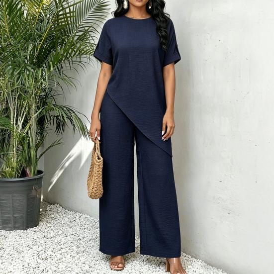 Completi Casual Estivi da Donna 2 Pezzi Top a Manica Corta Girocollo con Orlo Asimmetrico e Pantaloni Lunghi Abbigliamento per il Relax