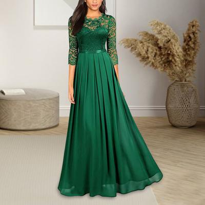 Bridesmaid Dress for Women Lace Patchwork Formal Gowns Crew Neck Chiffon Long Dress Wedding Guest Dress