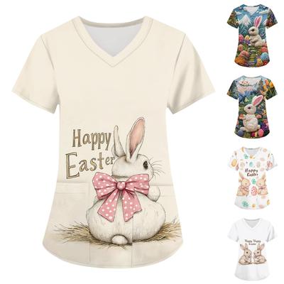Women's Fashion V-neck Short Sleeve Workwear With Pockets Printed Tops