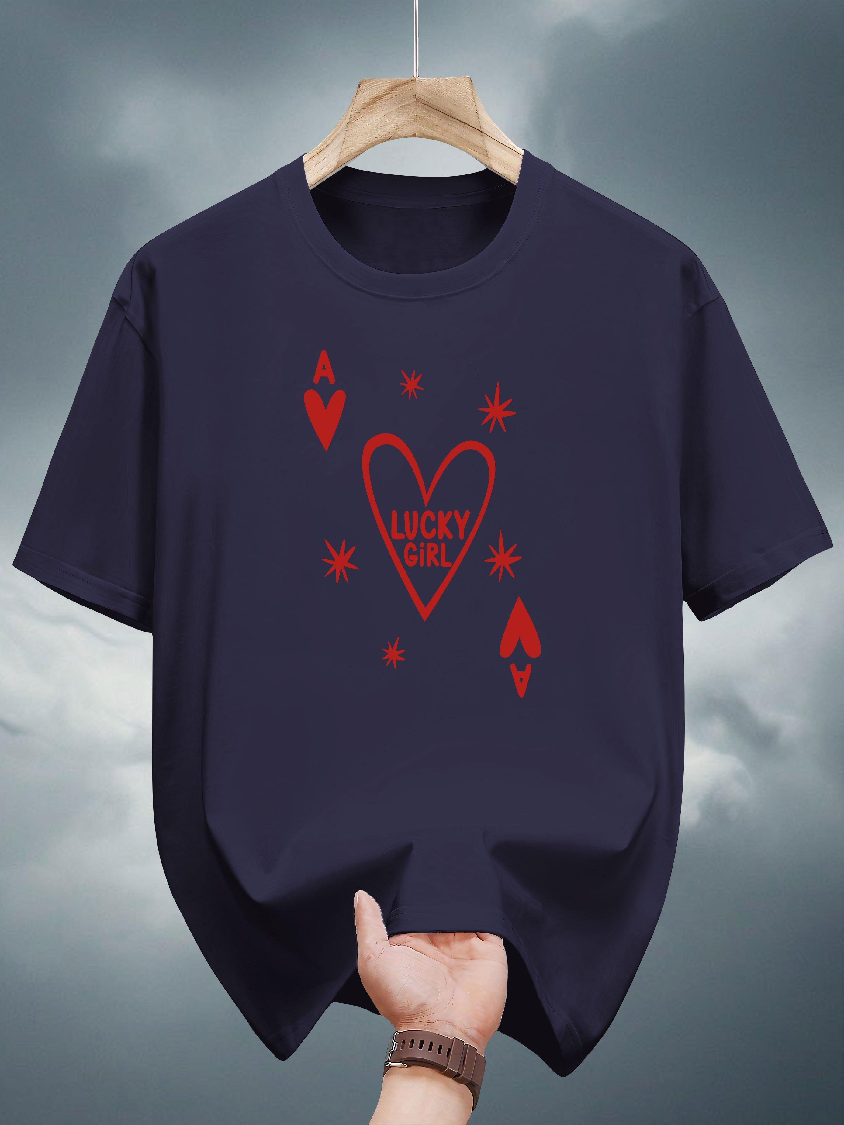 Graphic Print T-shirt - Black with Red Lucky Heart & Spade Design L