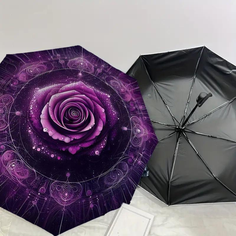 Purple Rose Mandala Art Automatic Opening Rain Umbrella - Portable Folding Design with Iron Frame - Outdoor Festival Gift for Fans, Traveler