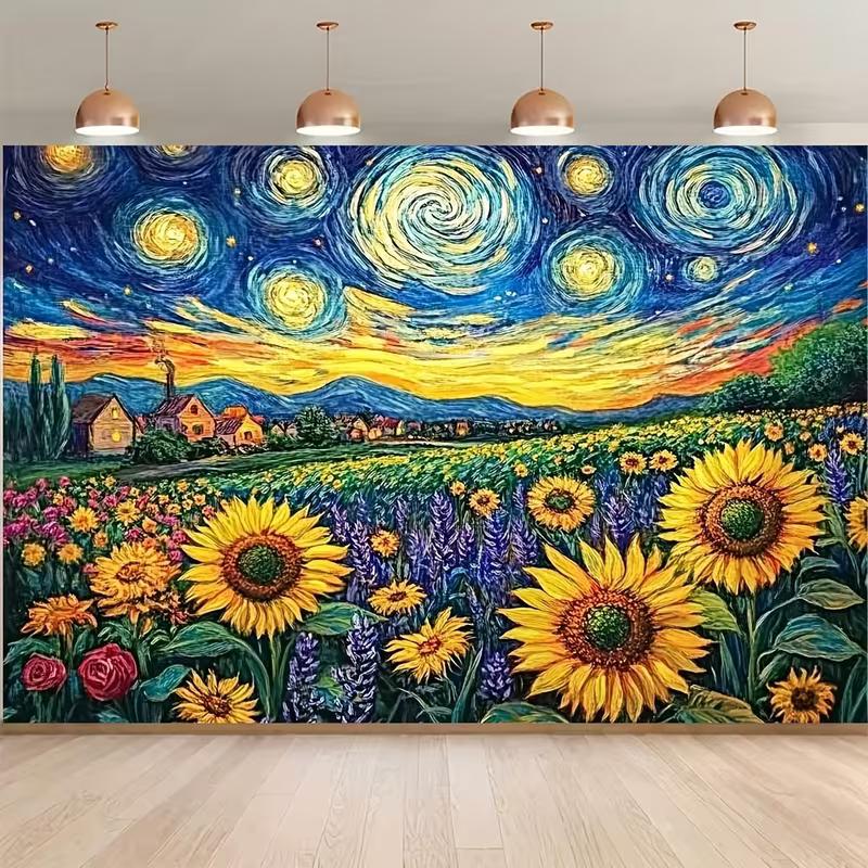 2D Colorful Starry Sky Sunflower Backdrop for Art Class & Event Decoration