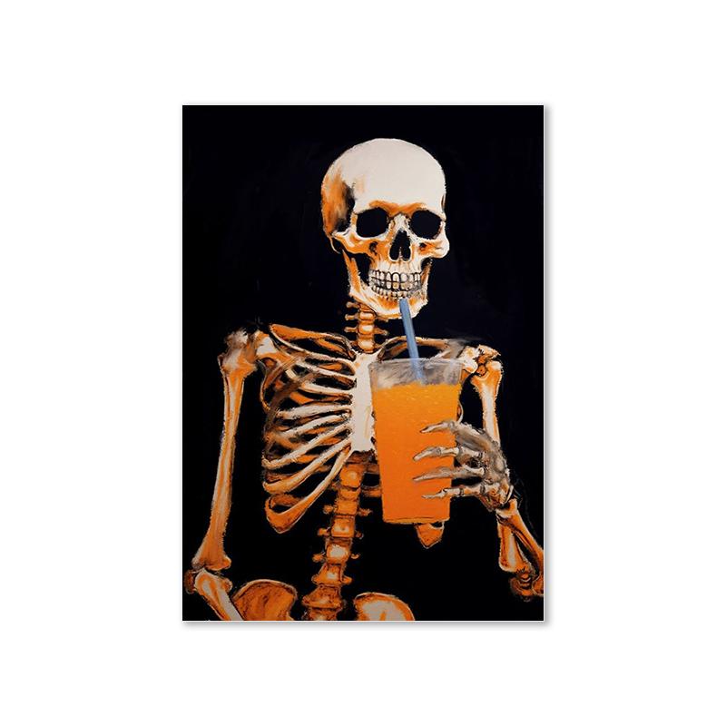 Halloween Gallery Spooky Ghost Poster Drinking Skeleton Art Print Scary Pumpkin Canvas Painting Wall Picture Living Room Decor