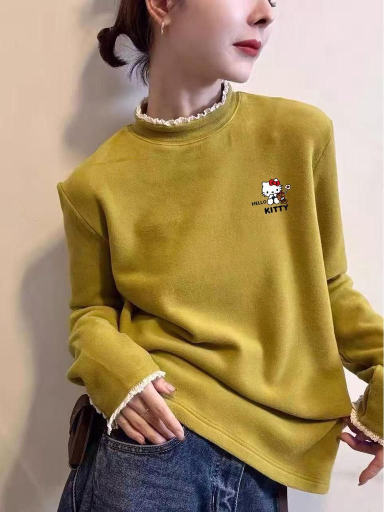 Kitten Print Lace Collar Fleece-Lined Women's T-Shirt: Thick, De Rong Fabric, Half-High Neck, Long Sleeves, Perfect for Autumn and Winter.