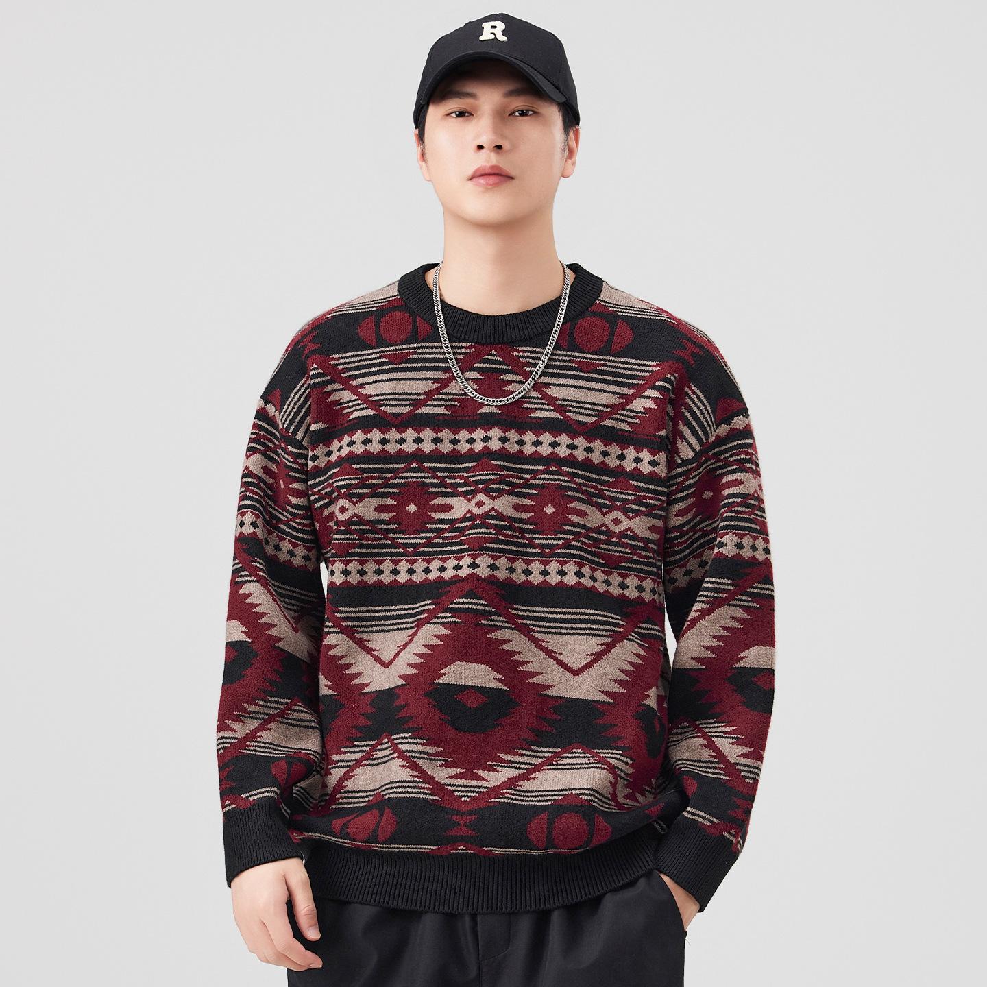 

Men s Jacquard Knit Sweater - Autumn/Winter Retro Casual Loose Fit, Unisex Round Neck Style Large червоний/чорний