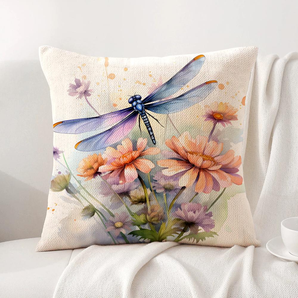 Watercolor Dragonflyflower Cushion Cover Natural Linen Organic Fabric DoubleSided Printing Sofa Home Decor Gift Pillow Cover