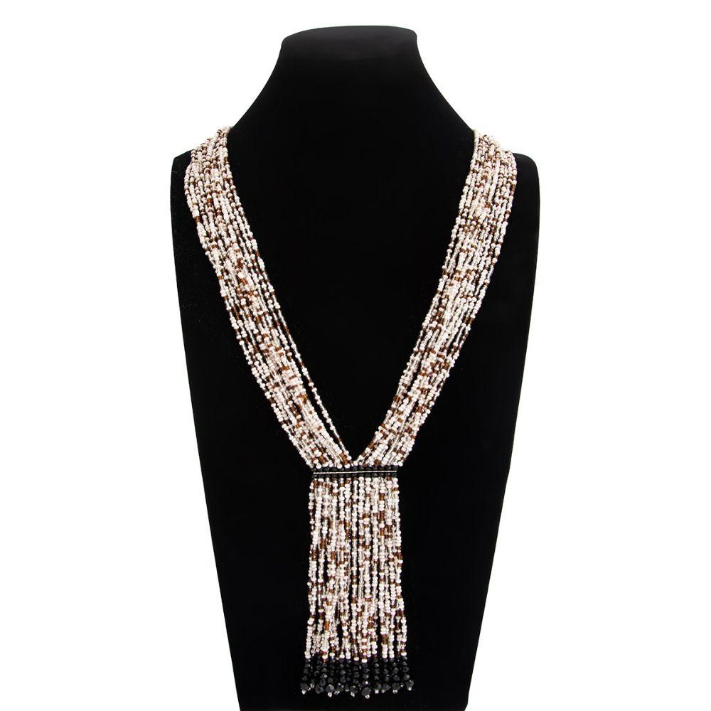 Gold Multi-Layer Beads Necklace Floral Tassel Collarbone Chain Simple Bohemian Necklace  Women