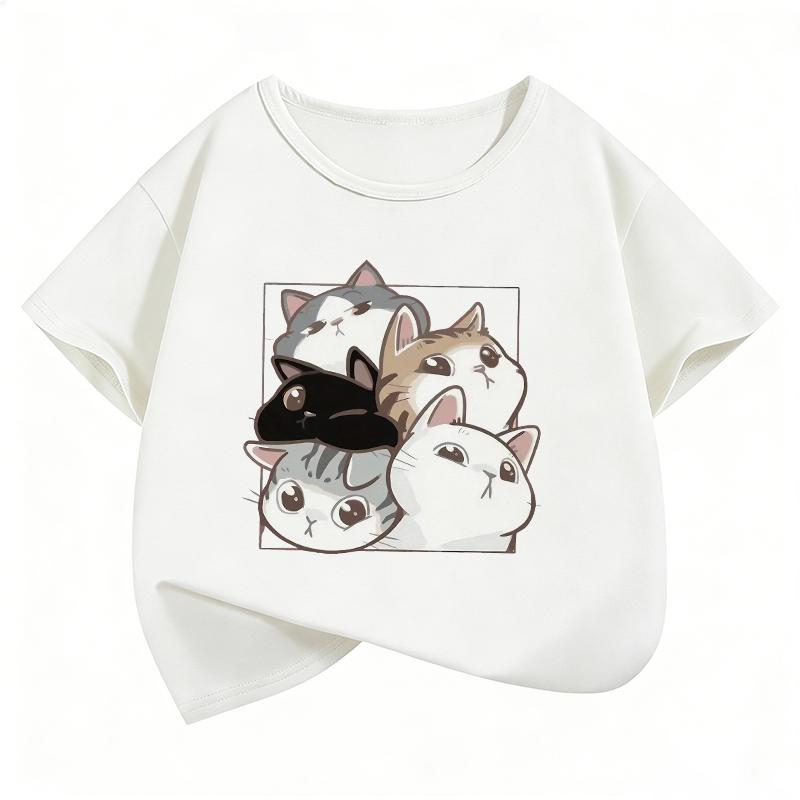Y2K Cute Cat Graphic Kids Tshirts Summer Short Sleeve Tees Cartoon Animal Boys Girls Clothes Kawaii Kitten Tops Tshirt