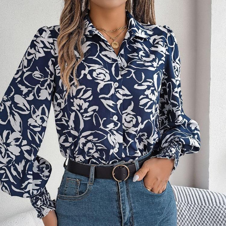 Elegant Floral Print Long Sleeve V Neck Blouse for Women Spring Autumn