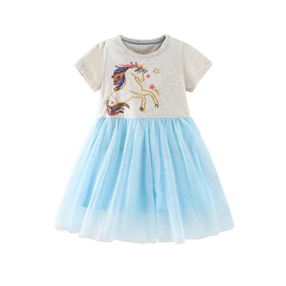 

26-Year Spring/Summer Children s Mesh Dress - Short Sleeve, Cartoon Sequins, Horse Embroidery 7Y (140cm)