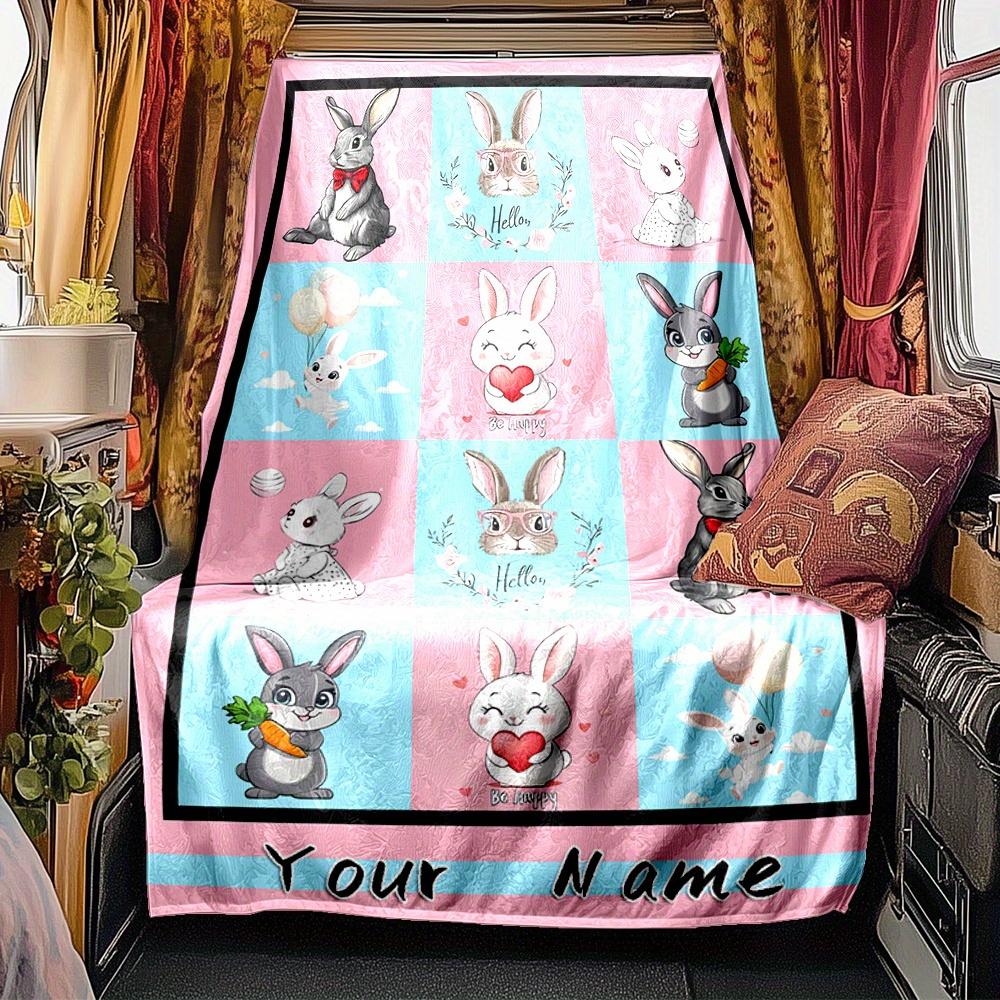 Cute Bunny Rabbit Blanket Personalized Name Soft Comfortable Stylish Blanket Car Blanket Perfect For Travel Camping Outdoor Home Suitable For All