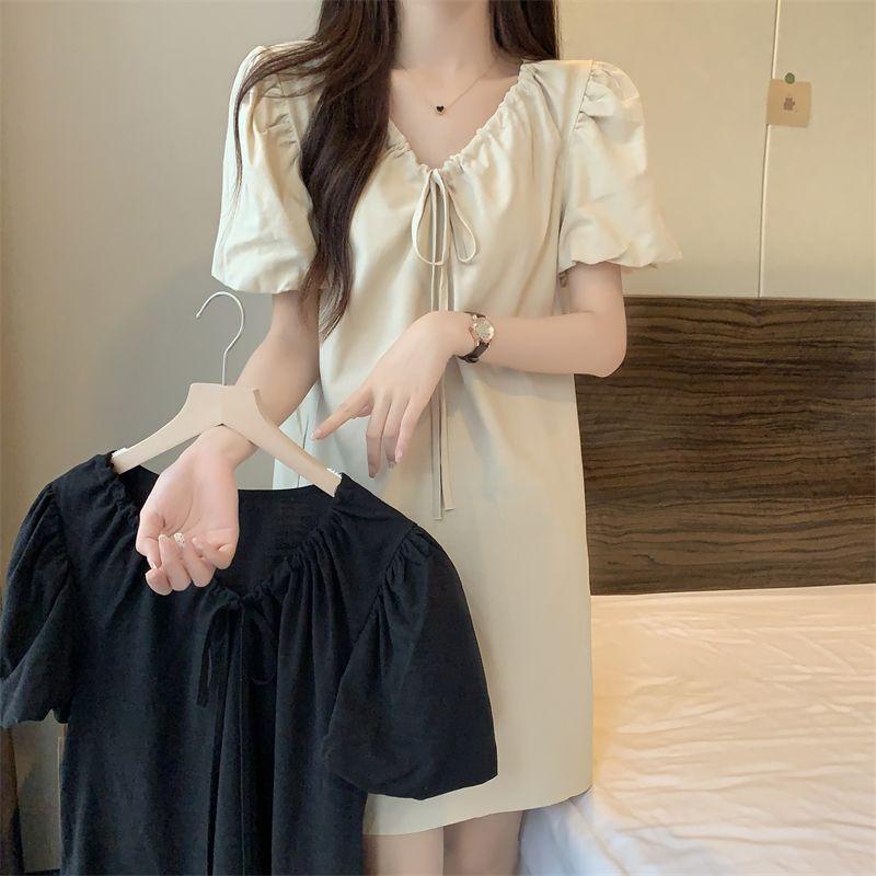 Puff Sleeve Elegant V-Neck Mini Dress Summer All-match Solid Color Female Clothing Fashionable Drawstring French Style Dresses