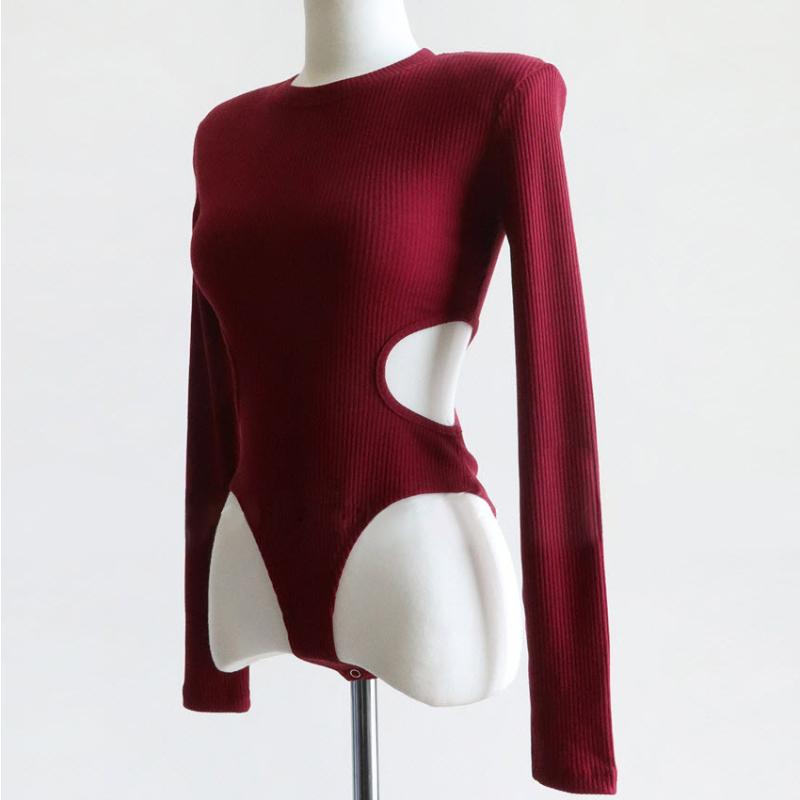 European and American Hollowed Out Spicy Girl Slim Fit Versatile Jumpsuit Sexy Street Trend Slimming Round Neck Long Sleeved Top for Women