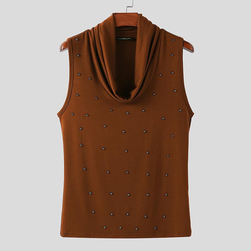 

INCERUN Мужские майки с низким вырезом, воротником-качелькой, без рукавов, с заклепками, облегающие, повседневные 3XL коричневый