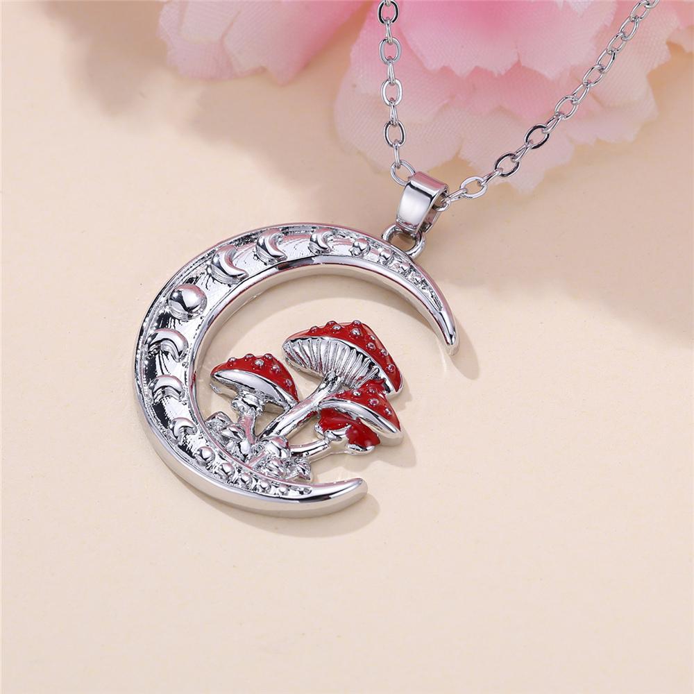 Female Red Enamel Moon Mushroom Pendant Necklace Vintage Silver Color Wedding Jewelry For Women