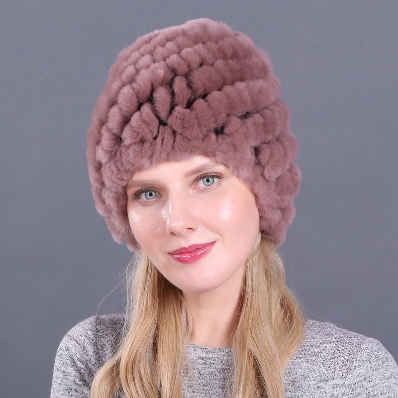 Damen Winter Pelzmütze Rex Kaninchenhaar gestrickte Spirale Ananas verdickte warme Mütze
