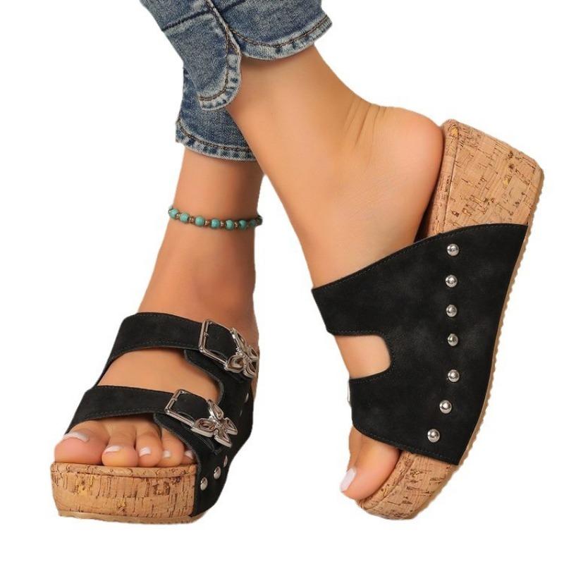 Foreign Trade Large Size Butterfly Buckle Slope Heel Slippers Women's Outer Wear Summer European and American Fashion Versatile Thick-soled Slippers