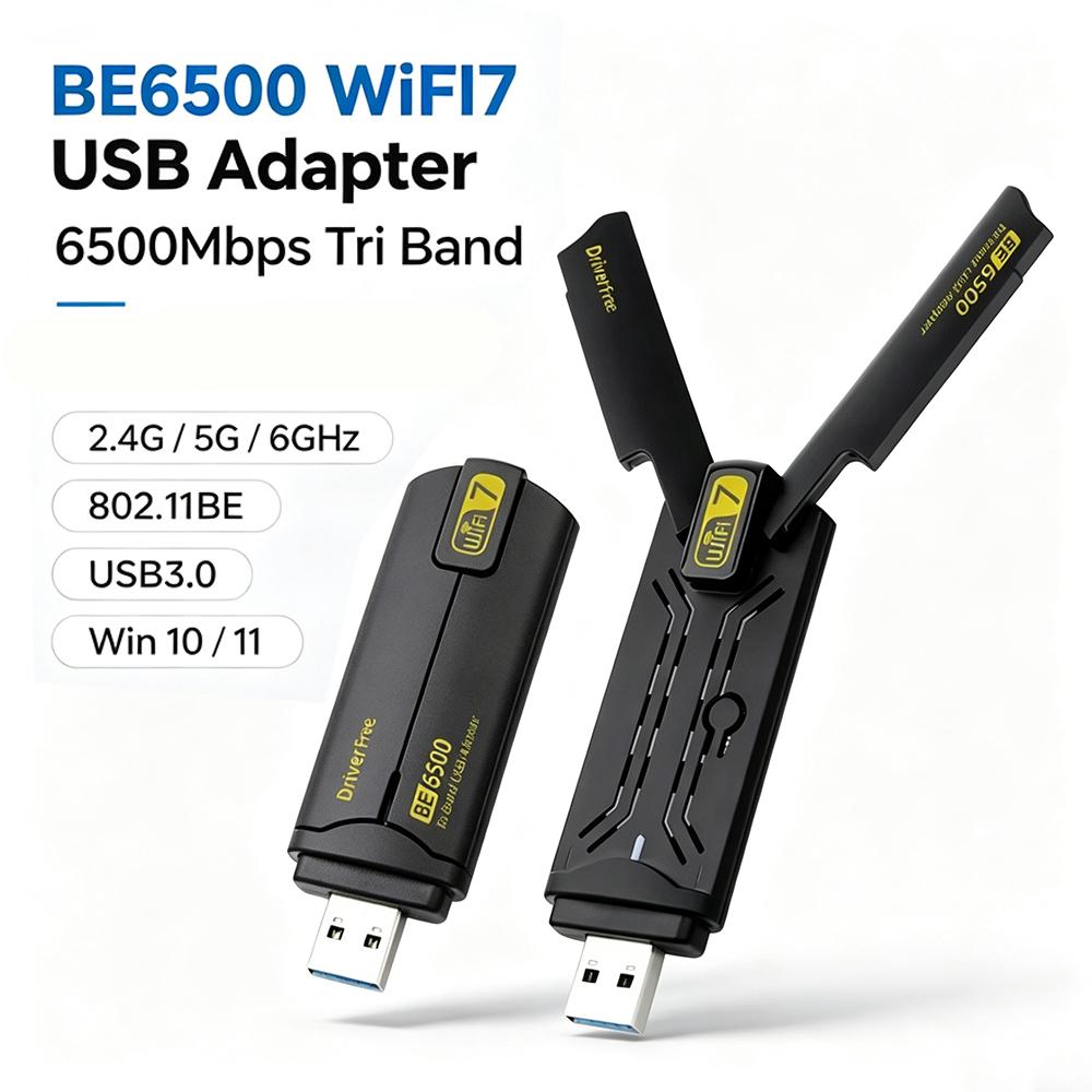 BE6500 WiFi7 USB3.0 Wireless Dongle 6500Mbps Tri Band 2.4G 5G 6GHz 802.11BE High Speed Network Adapter for Windows 10 11 Desktop Laptop PC