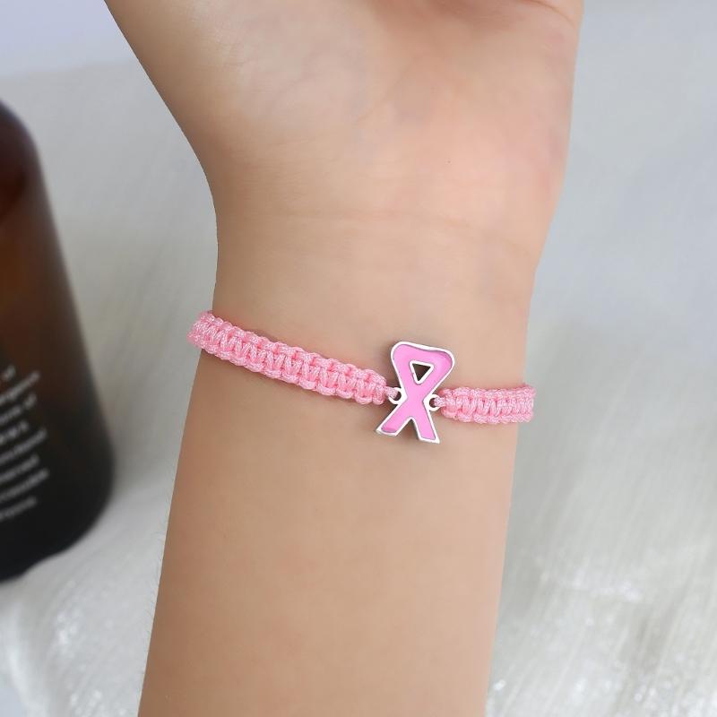 Breast Cancers Awareness Hope Bracelet for Women Pink Ribbon Charm Braided Rope Wrist Wrap Bangle Handmade Jewelry Gift