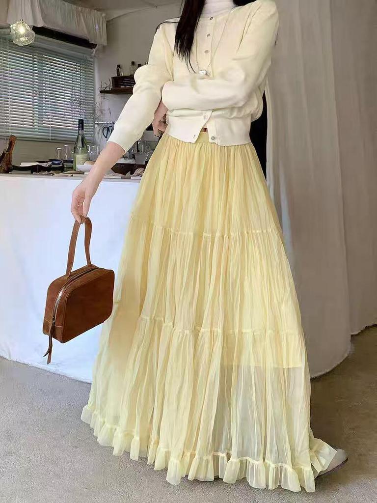 Korean-Style Solid Color Mesh Spliced A-line Skirt for Women - Elegant, Slimming, Versatile, Wide Hem for Spring & Autumn