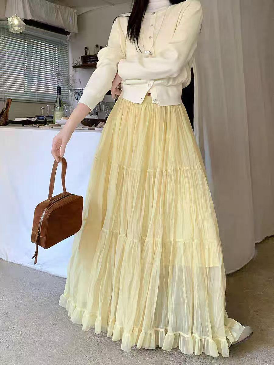 

Korean-Style Solid Color Mesh Spliced A-line Skirt for Women - Elegant, Slimming, Versatile, Wide Hem for Spring & Autumn One Size жовтий