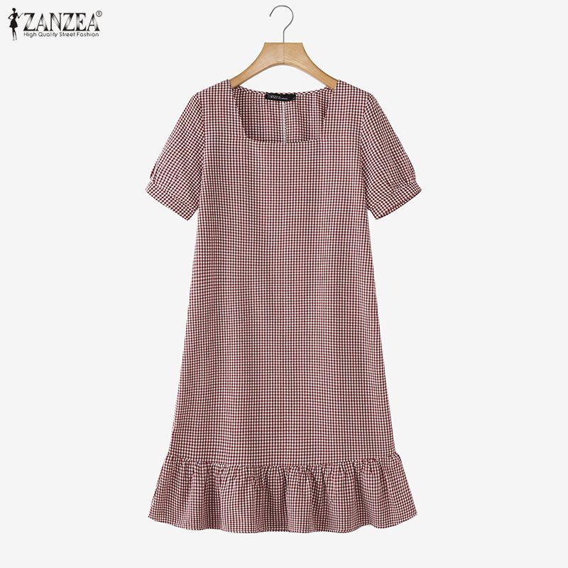 ZANZEA Women Casual Square Collar Short Sleeve Grid Print Dress