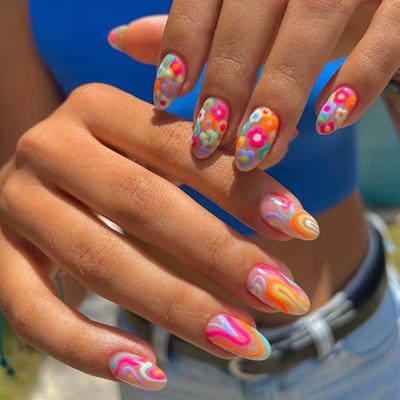 24-Piece Vibrant Flower Swirl Fake Nails - Short Almond Shaped, Glossy & Fashionable - Perfect for Women & Girls, Easter Celebration Ready