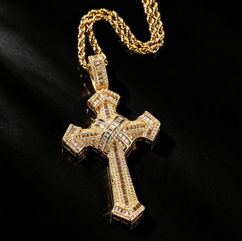 European and American Hip-hop Style Copper Inlaid Zircon Cross Pendant Full of Diamonds Men's Street Fashion Necklace Accessories