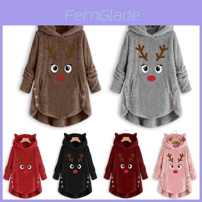 Cozy Fluffy Women's Christmas Sweatshirt With Adorable Elk Pattern And Cat Ear Design