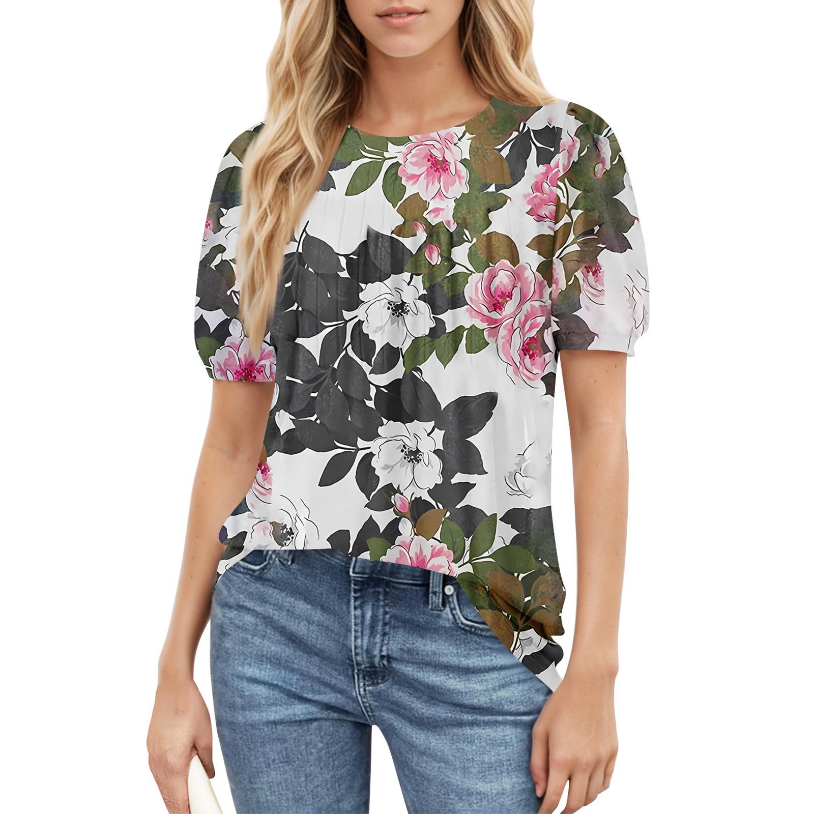 

Женский повседневный топ с круглым вырезом и коротким рукавом, с плиссировкой и расклешенными рукавами, с цветочным принтом XXXL