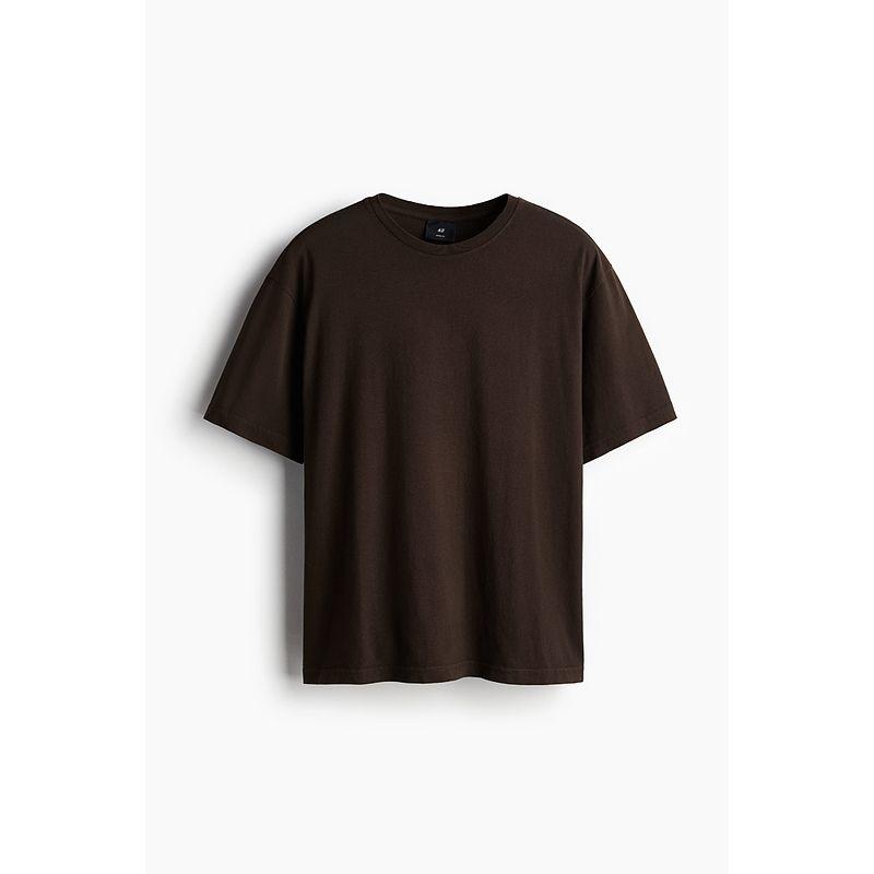 

HM Men s T-shirt Autumn Loose round Neck Short Sleeve Washed Retro Rib Tops 1252154 Brown 180/116