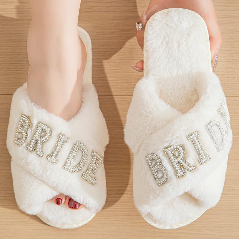 Women Home Furry Slippers Fork Strap Bride Wedding MRS Slippers Cozy Indoor Footwear