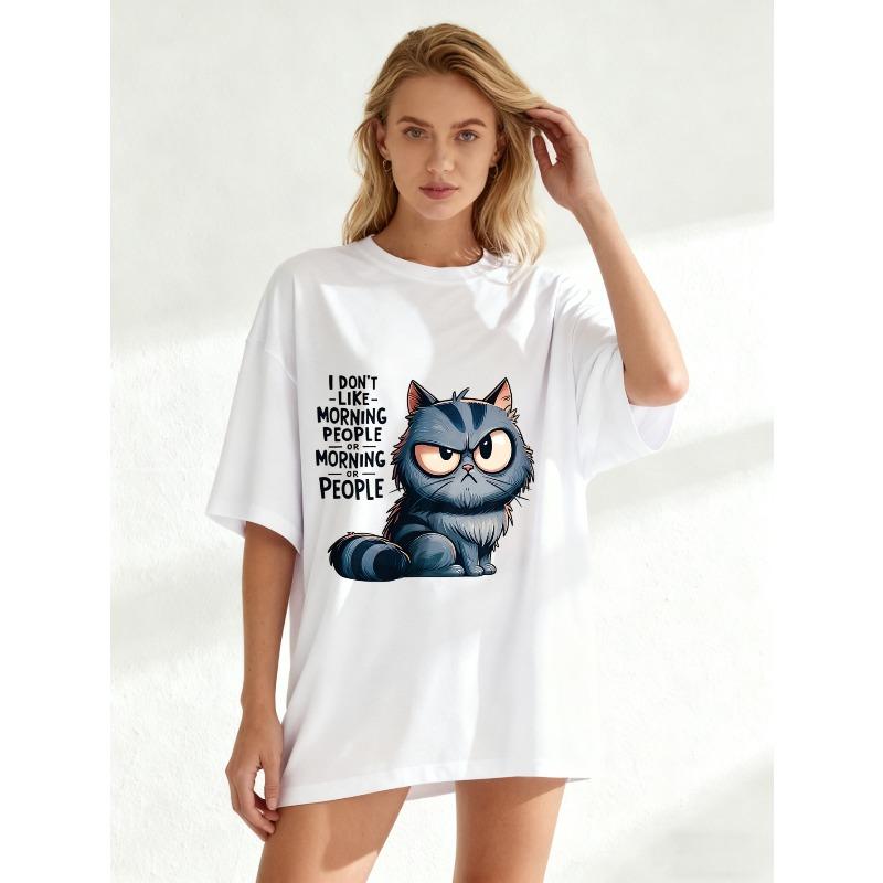Cute Cat Graphic Oversized T-Shirt Black I Don't Like Morning People Or Morning Or People Print Unisex Casual Wear For Home And Everyday Use