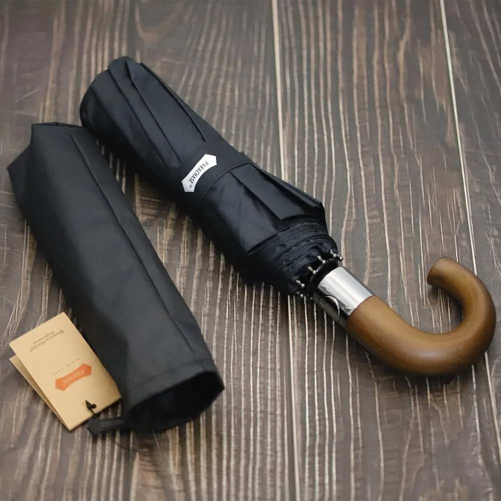 

PARACHASE 10 ребер Деревянная изогнутая ручка Автоматический зонт 10 спиц Автоматический складной зонт Зонт, устойчивый к дождю и ветру metal-fiber composite&10K чёрный