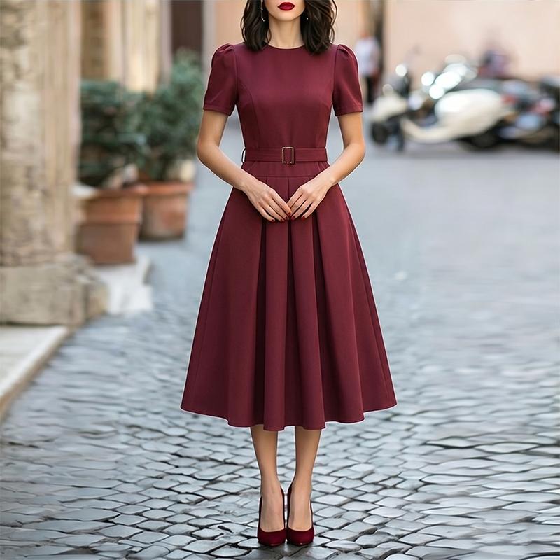 ZANZEA Women Elegant Round Neck Summer Casual Short Sleeve Dress 2XL вино красного