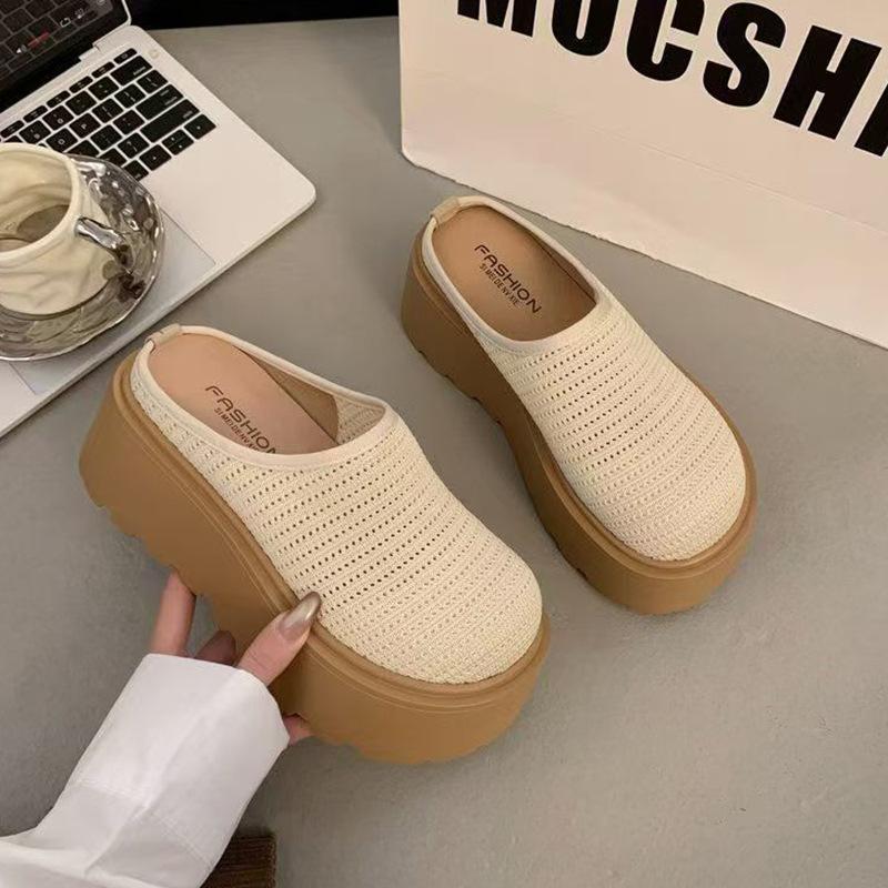 Thick-soled high-heeled mesh bag head half slippers, women's summer wear new one-pedal single shoes, cool slippers