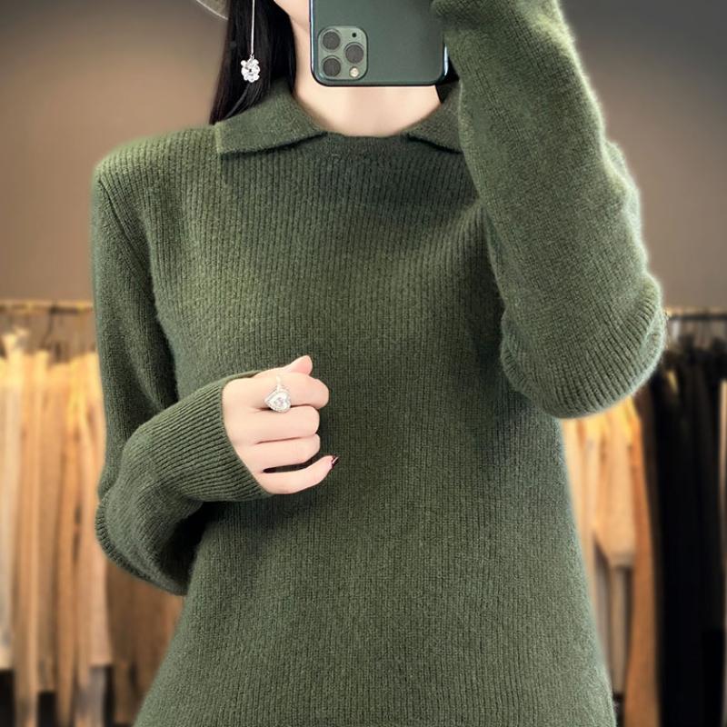 Новый осенне-зимний свитер Andy с вельветовым лацканом для женщин приятный к коже и теплый универсальный свитер-пуловер модная облегающая базовая рубашка XXL зелёный 4890₽