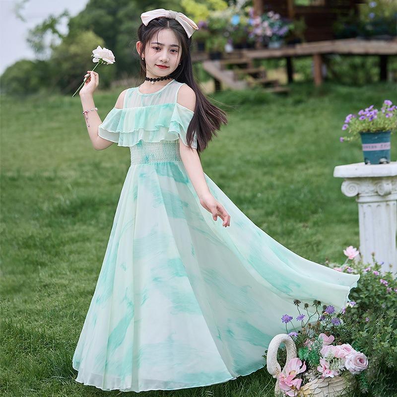 Süßes einfarbiges Prinzessinnenkleid mit kurzen Ärmeln in A-Linie für kleine Mädchen