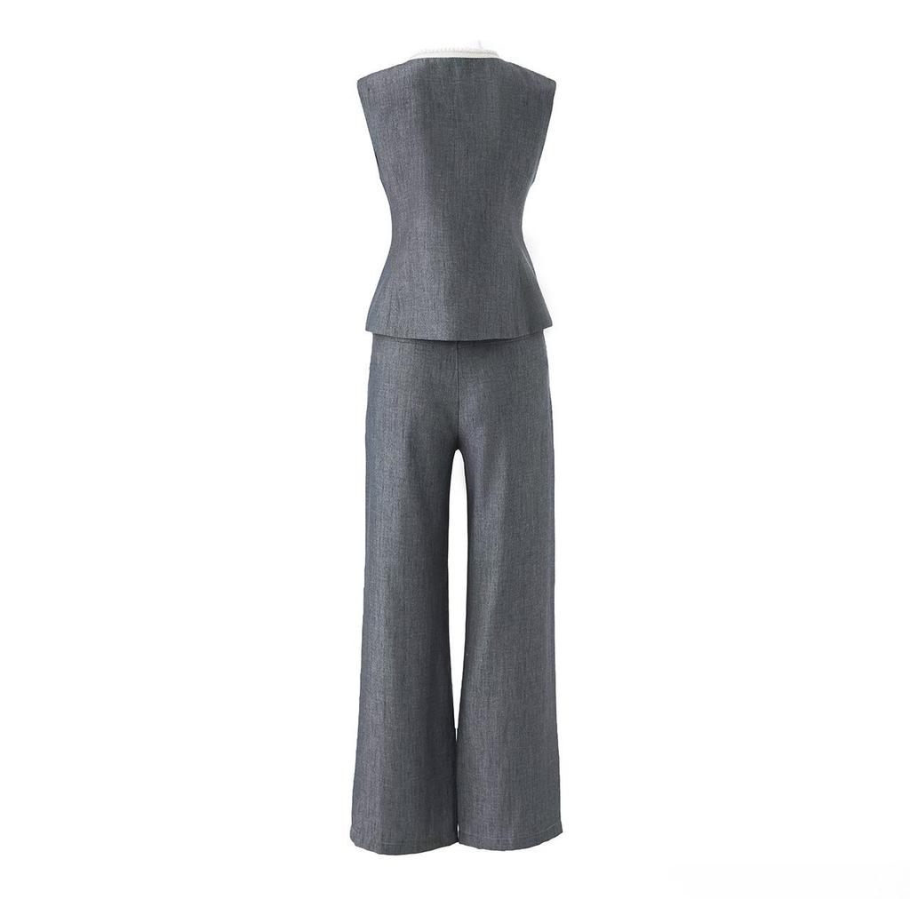 Elegant Beaded Neck Tencel Linen Vest & Wide-Leg Pants Set for Women - Spring Collection
