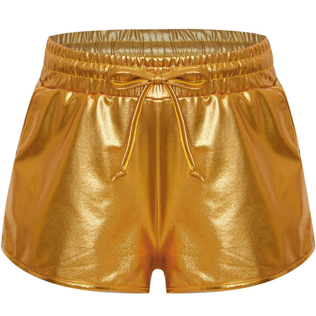 Meisjes Metallic Korte Broek Trekkoord Elastische Tailleband Glanzende Hotpants Dans Bodems Zakken Sportkorte Broek