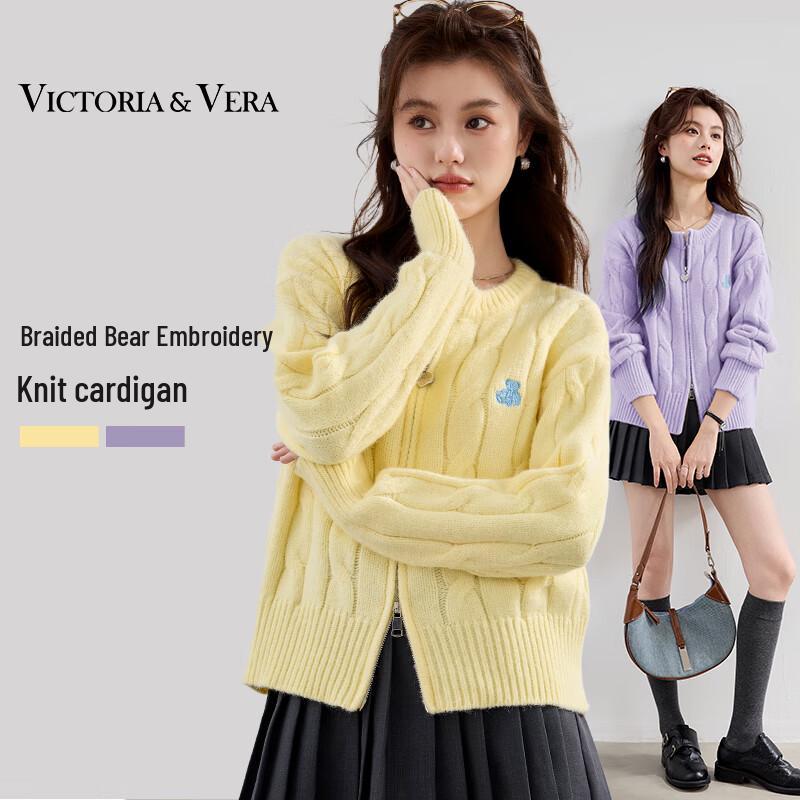

VICTORIA&VERA Women s Teddy Bear Embroidered Cable Knit Cardigan L