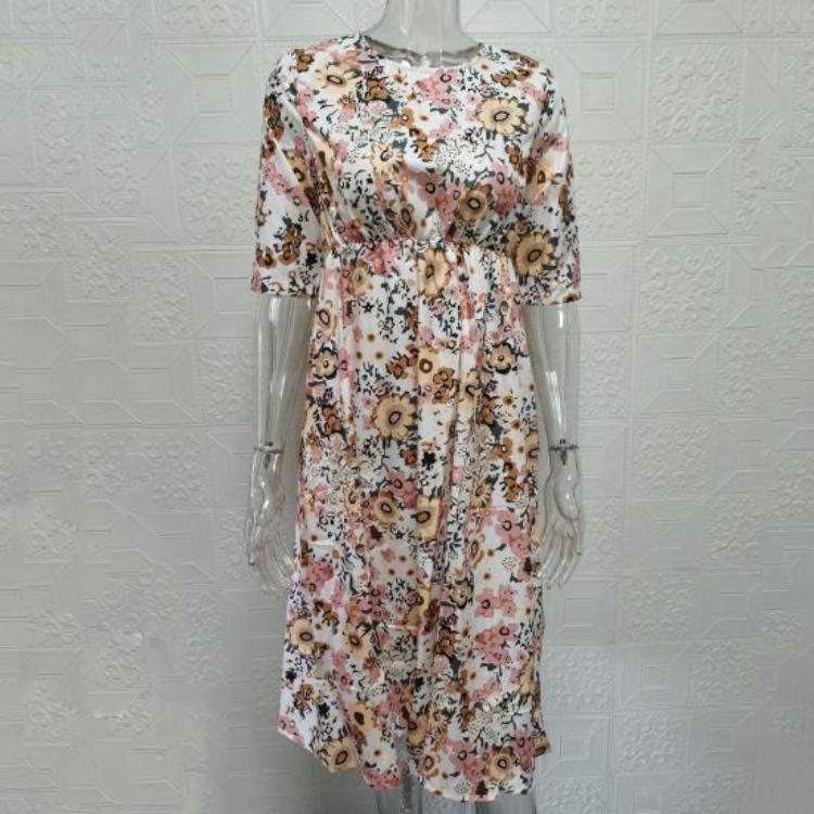 Summer Vacation Midi Dress for Women Retro Floral Printing High Waist A Line Pleated Side Pockets Round Neck Mid Sleeves Big Hem