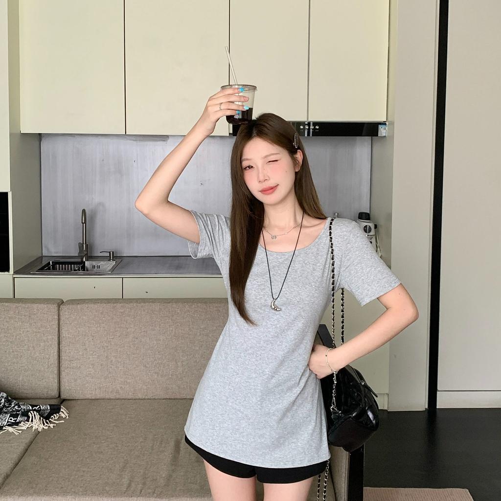 Right Shoulder Summer New Slim Fit Waist Covering Belly Slimming Mid-length Chic Sweet Short-sleeved T-shirt