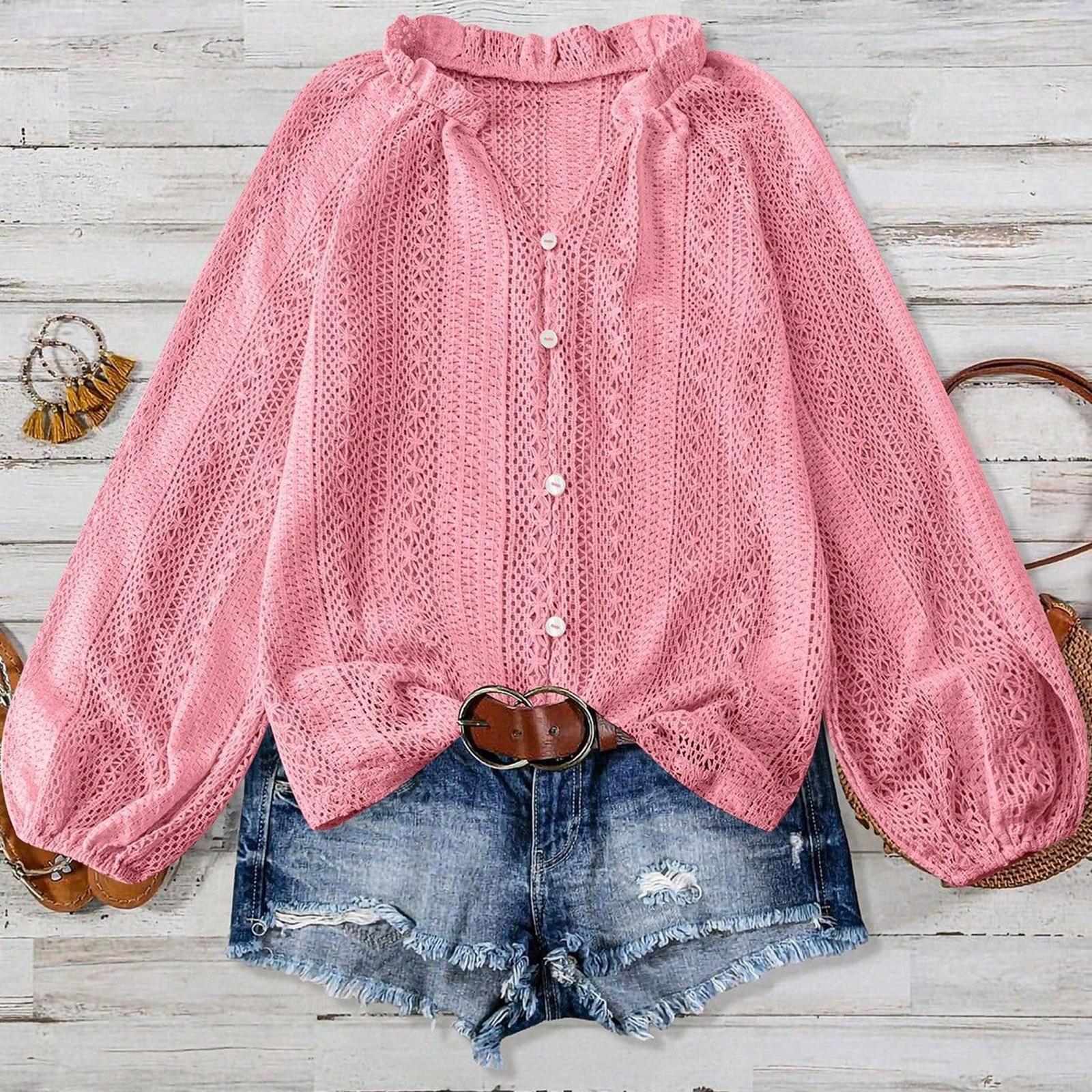 

Ladies Loose And Fashionable Versatile Hollow Lace V-neck Single Breasted Long Sleeved Shirt Top M рожевий