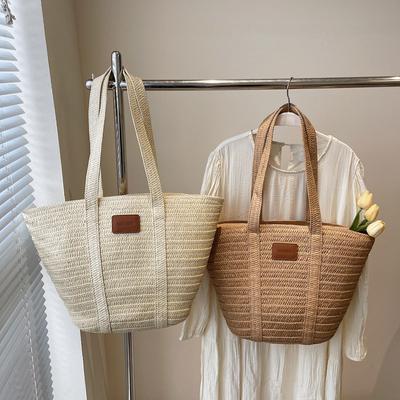 Straw Handbag Women's Woven Shoulder Bag Versatile Handbag Tote Bag Vegetable Basket Bag Simple Bucket Bag