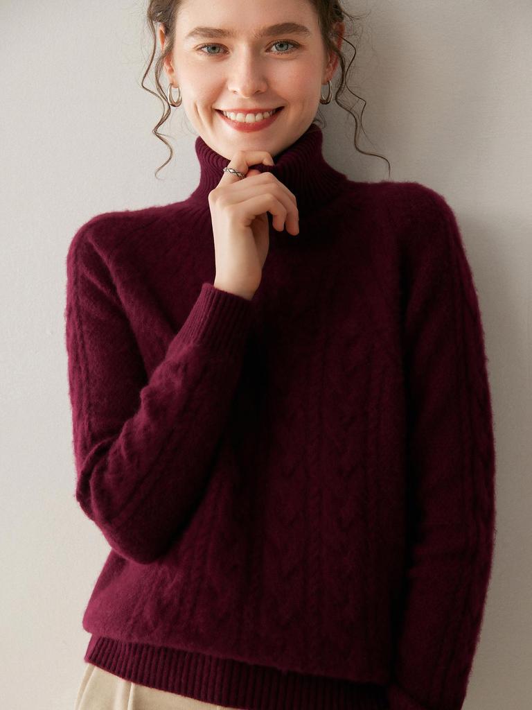 Women's High-Neck Cable Knit Cashmere Sweater: Pullover, Loose Fit, Raglan Long Sleeves - Perfect Base Layer for Autumn and Winter.