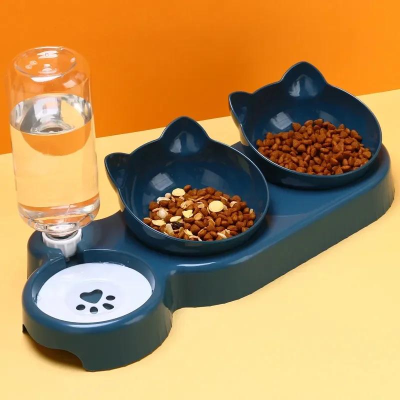Cat Food Bowl Triple Pet Feeding Bowls Pet Feeder, 2-in-1 Double Bowls with Automatic Drinking Bottle Pet Supplies