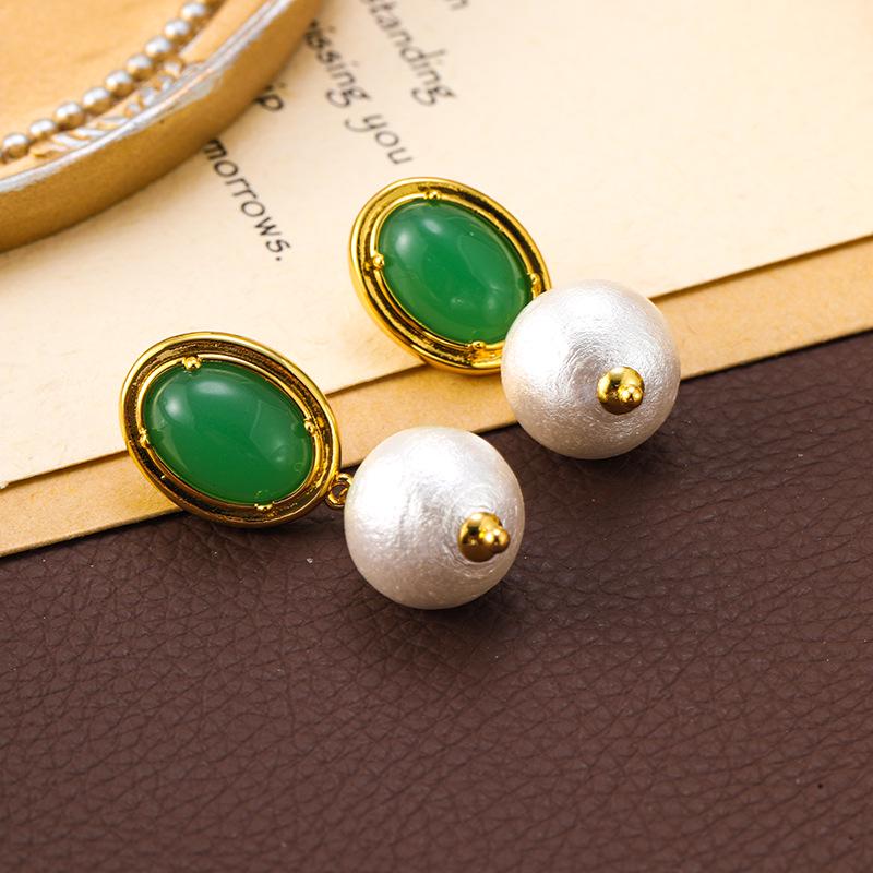French Baroque Natural Green Agate Cotton Bead Earrings