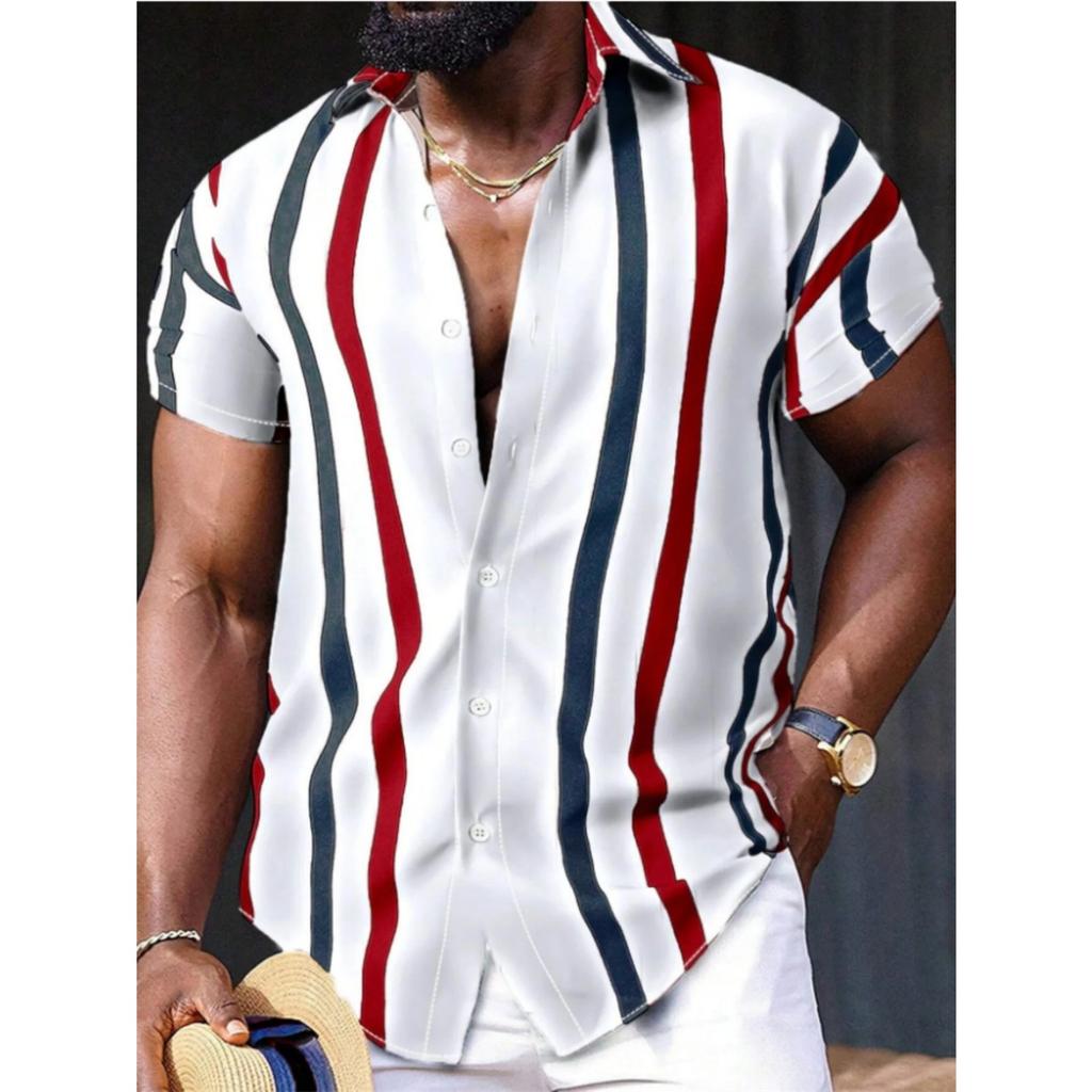Men's Hawaiian Shirt 3D Stripe Print Short Sleeve Summer Loose Casual Large Size Simple Fashion Lapel Button Men's Tops